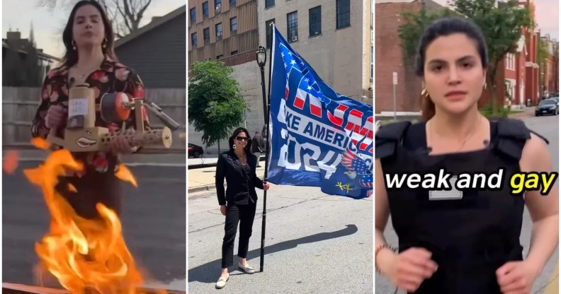 Valentina Gomez seen burning books, holding a Trump 2024 flag, and running while telling people not to be "weak and gay"