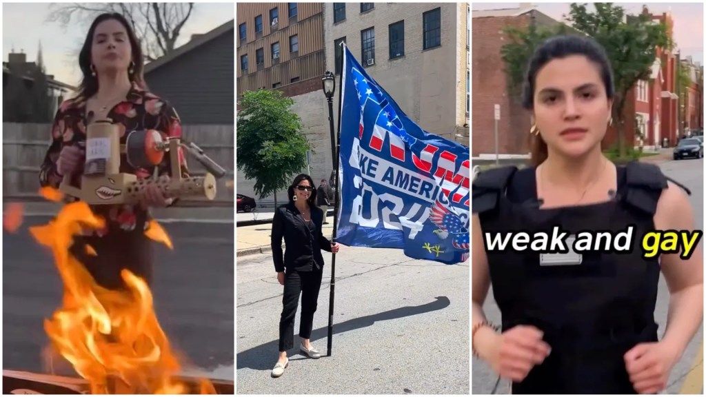 Valentina Gomez seen burning books, holding a Trump 2024 flag, and running while telling people not to be "weak and gay"