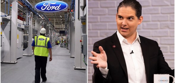 Composite image. On the left - a ford factory. On the right, Robby Starbuck, who is wearing a suit and has a ponytail