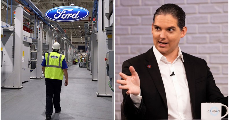 Composite image. On the left - a ford factory. On the right, Robby Starbuck, who is wearing a suit and has a ponytail