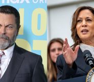 Nick Offerman (left) on a red carpet in a suit and tie and Kamala Harris (right) giving a speech.