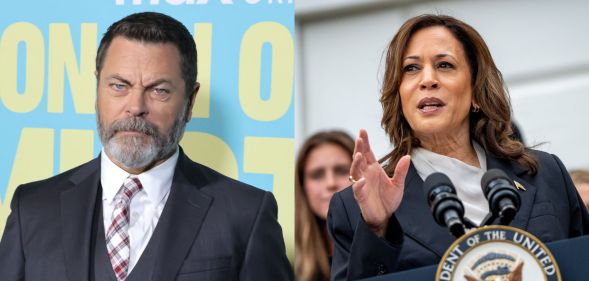 Nick Offerman (left) on a red carpet in a suit and tie and Kamala Harris (right) giving a speech.