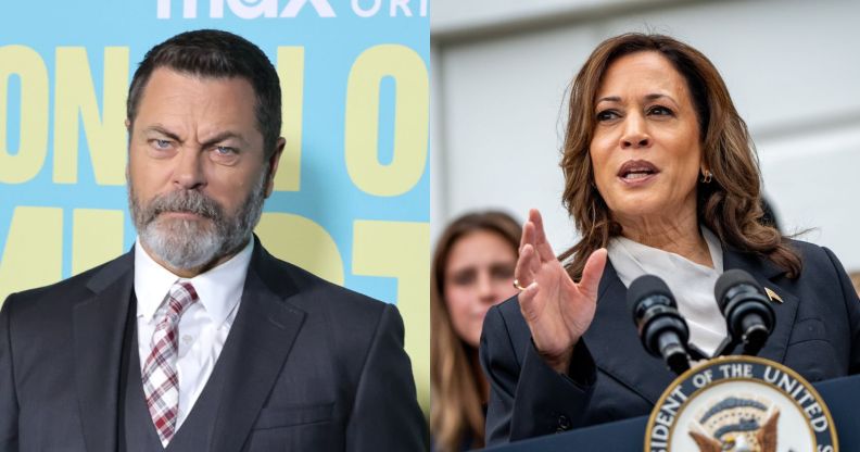 Nick Offerman (left) on a red carpet in a suit and tie and Kamala Harris (right) giving a speech.