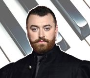 Sam Smith in black against a piano keyboard background.