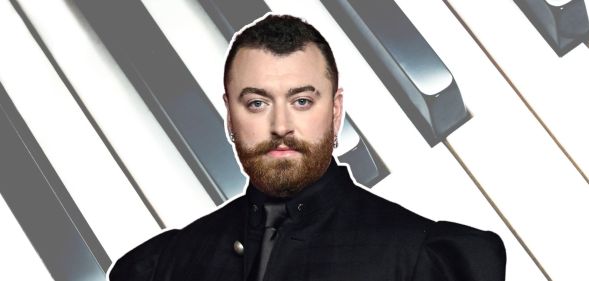 Sam Smith in black against a piano keyboard background.