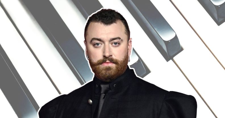 Sam Smith in black against a piano keyboard background.