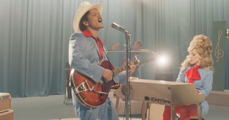 Lady Gaga and Bruno Mars in the music video for "Die With A Smile"