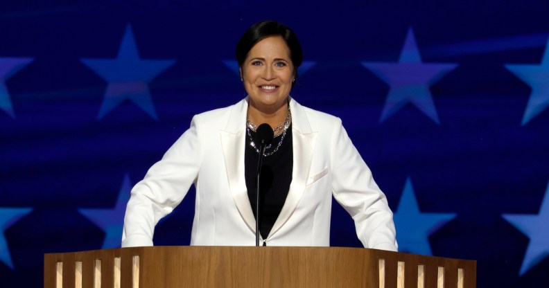 Former Trump White House Press Secretary Stephanie Grisham speaks on stage during the second day of the Democratic National Convention