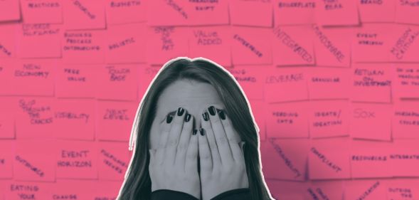 This is an image of a women with her hands covering her face in front a bunch of workplace jargon terms. She is in black and white.