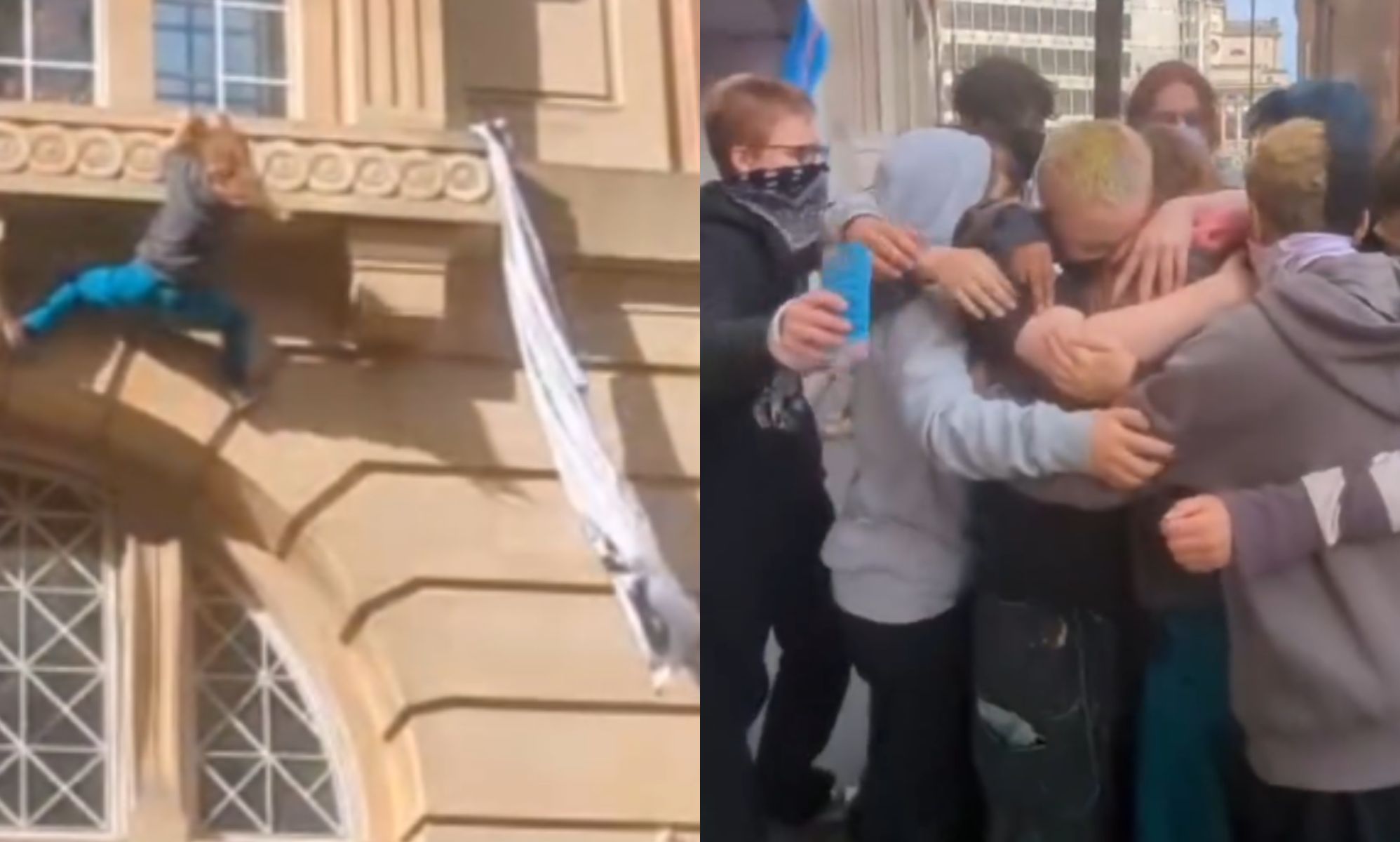 Young transgender protester climbs building to prevent removal of banners