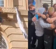 A split image of a trans activist scaling the wall of a building, and a group of activists hugging.