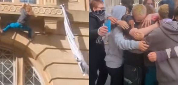 A split image of a trans activist scaling the wall of a building, and a group of activists hugging.