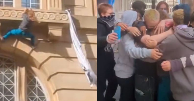 A split image of a trans activist scaling the wall of a building, and a group of activists hugging.