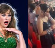 A photo of Taylor Swift performing in a green dress (left), and a screenshot of two queer people getting engaged at Taylor Swift's show.