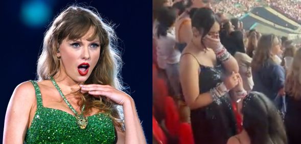 A photo of Taylor Swift performing in a green dress (left), and a screenshot of two queer people getting engaged at Taylor Swift's show.