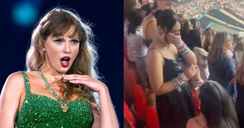 A photo of Taylor Swift performing in a green dress (left), and a screenshot of two queer people getting engaged at Taylor Swift's show.