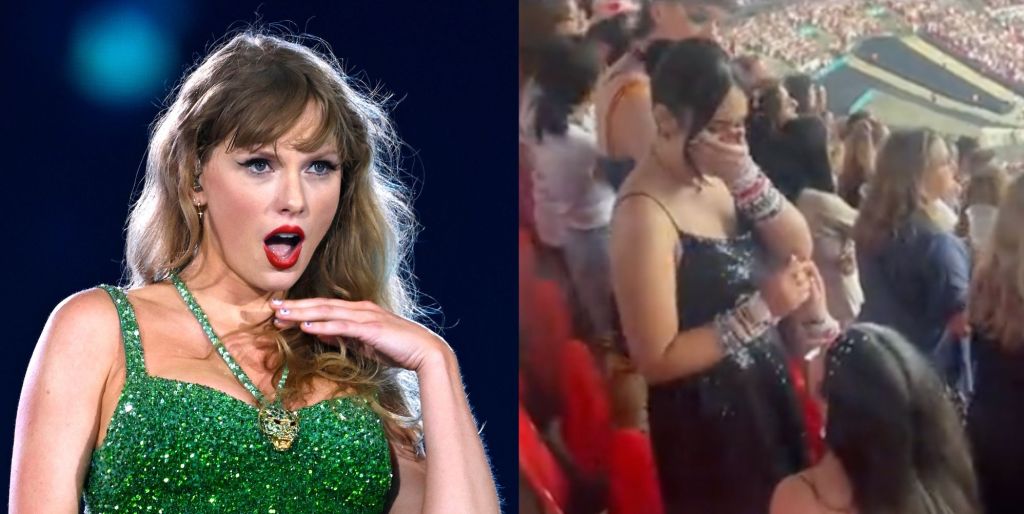 A photo of Taylor Swift performing in a green dress (left), and a screenshot of two queer people getting engaged at Taylor Swift's show.