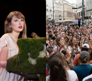 Split photo of Taylor Swift and fans in Vienna, Austria. (Getty)