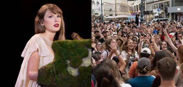 Split photo of Taylor Swift and fans in Vienna, Austria. (Getty)