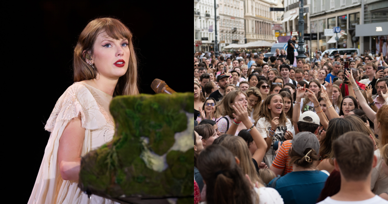 Split photo of Taylor Swift and fans in Vienna, Austria. (Getty)