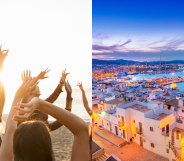 Split photo of people partying on the beach and Ibiza old town.