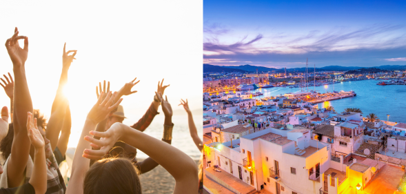 Split photo of people partying on the beach and Ibiza old town.