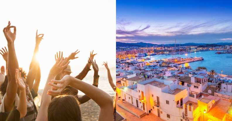 Split photo of people partying on the beach and Ibiza old town.