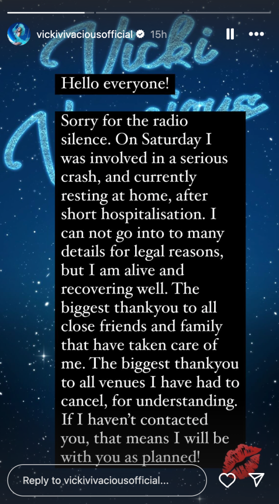 Vicki Vivacious's Instagram Statement detailing how she was involved in a serious crash.