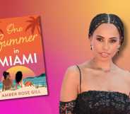 Amber Gill against a yellow orange pink background alongside her book One Summer In miami.