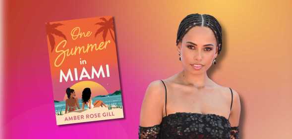 Amber Gill against a yellow orange pink background alongside her book One Summer In miami.