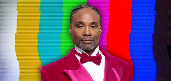 Billy Porter in his pink gown at the 2023 golden globe awards against a tv static background.
