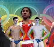 A composite image showing notable gay moments from the Olympics including Cindy Ngama Kim Yeji, Tom Day, Noah Williams and pole vaulter Anthony Ammirati