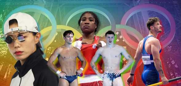 A composite image showing notable gay moments from the Olympics including Cindy Ngama Kim Yeji, Tom Day, Noah Williams and pole vaulter Anthony Ammirati