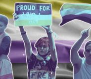 This is a creative image of 3 non-binary people in front of the non-binary flag. The colours are black, purple, white and yellow. The person in the middle is holding a sign.