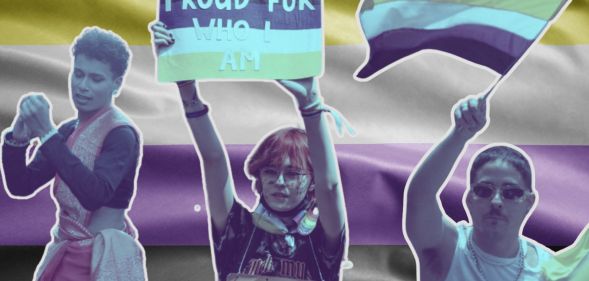 This is a creative image of 3 non-binary people in front of the non-binary flag. The colours are black, purple, white and yellow. The person in the middle is holding a sign.