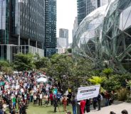 Amazon employees protest outside the company's headquarters in Seattle, Washington in May, 2023. (Getty Images)