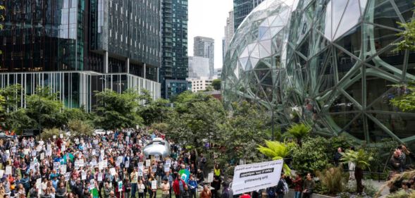 Amazon employees protest outside the company's headquarters in Seattle, Washington in May, 2023. (Getty Images)