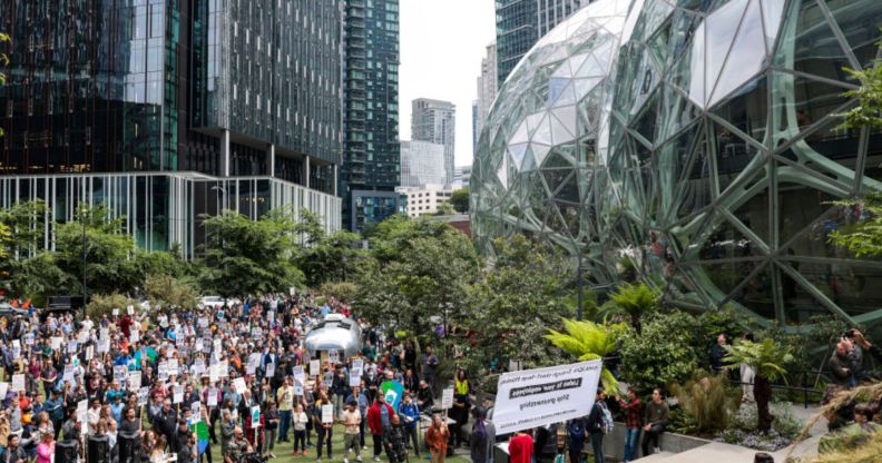 Amazon employees protest outside the company's headquarters in Seattle, Washington in May, 2023. (Getty Images)