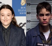 Bella Ramsey is wearing a black and dark blue suit, smiling on a red carpet. Hilary Swank in Boys Don't Cry in a mugshot post-arrest.