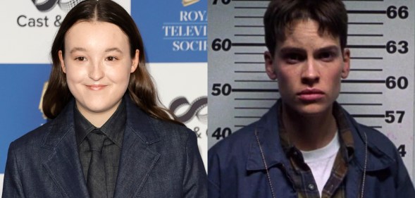 Bella Ramsey is wearing a black and dark blue suit, smiling on a red carpet. Hilary Swank in Boys Don't Cry in a mugshot post-arrest.