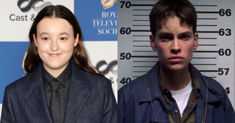 Bella Ramsey wears a black and navy suit and smiles on a red carpet. Hilary Swank in Boys Don't Cry in an arrest photo.