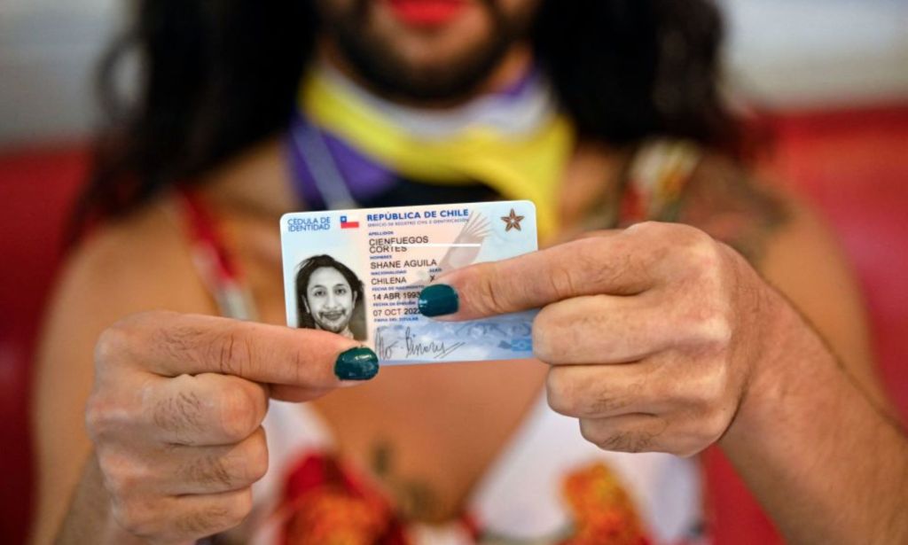 This is an image of a non-binary person holding up their government issued ID. They are from Chile. 