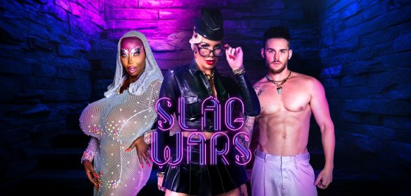 A promotional image for Slag Wars season two featuring Fantasia Royale Gaga, Rebecca Moore, and Matthew Camp.