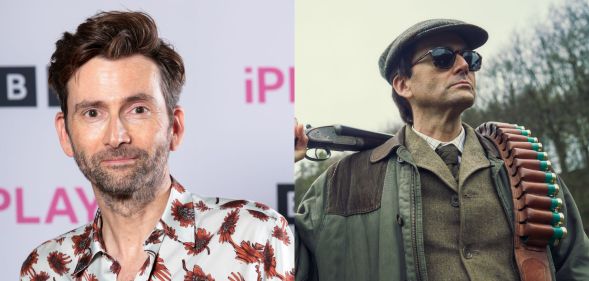 David Tennant in 2022 (left) and David Tennant as TV boss Lord Tony Baddingham in new Jilly Cooper adaptation Rivals.