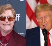 Elton John at a film premiere wearinga burgandy suit and sunglasses. Former U.S. President Donald Trump speaks during a press conference wearing a navy suit and red tie with the US flag behind him