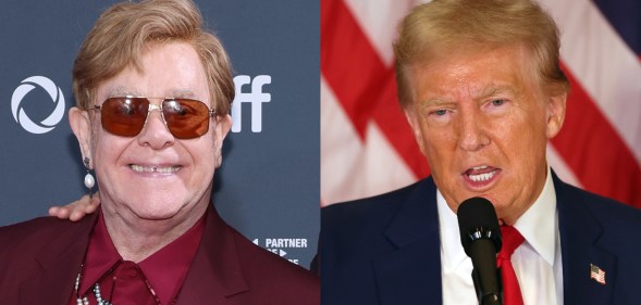 Elton John at a film premiere wearinga burgandy suit and sunglasses. Former U.S. President Donald Trump speaks during a press conference wearing a navy suit and red tie with the US flag behind him