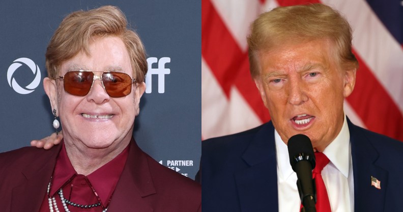 Elton John at a film premiere wearinga burgandy suit and sunglasses. Former U.S. President Donald Trump speaks during a press conference wearing a navy suit and red tie with the US flag behind him