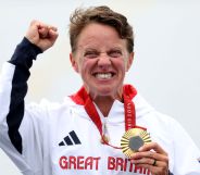 Gold medalist Emma Wiggs of Team GB celebrates on the podium at the Paris Paralympic Games 2024