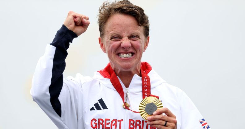 Gold medalist Emma Wiggs of Team GB celebrates on the podium at the Paris Paralympic Games 2024