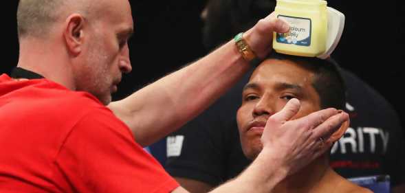 Jose Hernandez has vaseline applied to their face prior to the Super Featherweight fight between Jimmy Lee and Jose Hernandez at Wembley Arena on 26 March, 2022 in London, England.